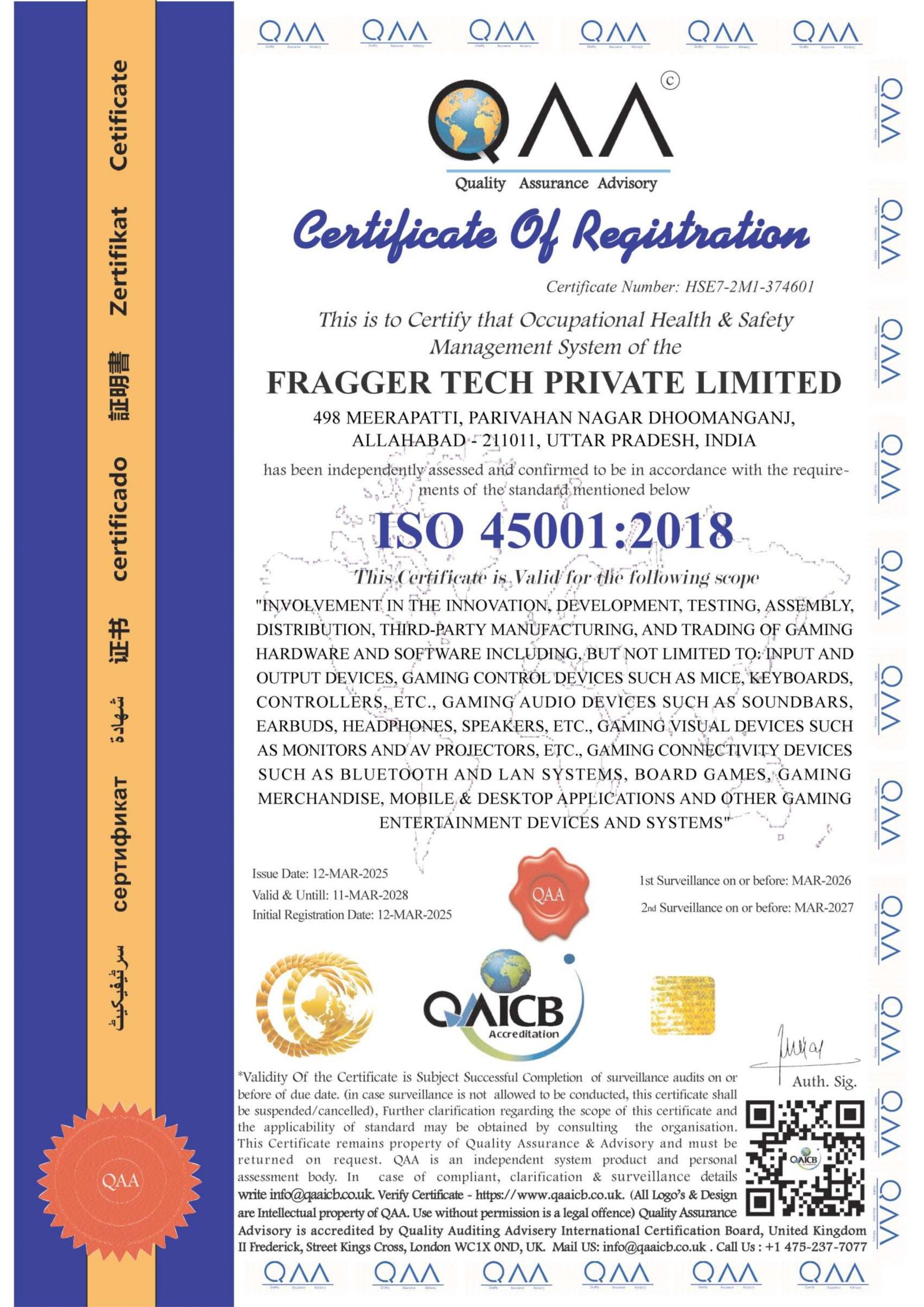 FRAGGER TECH PRIVATE LIMITED 45001 2018 QAA