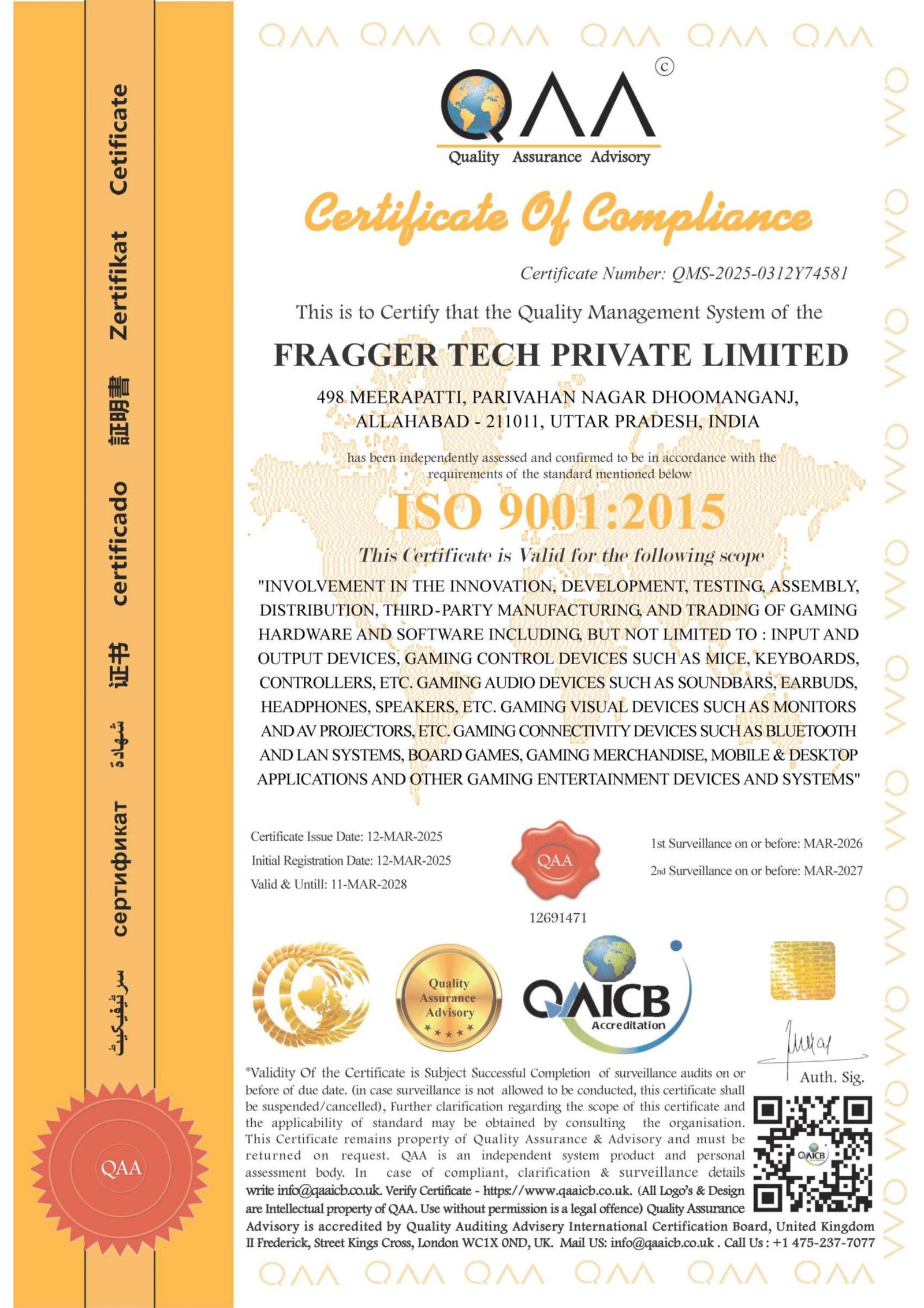 FRAGGER TECH PRIVATE LIMITED 9001 2015 QAA